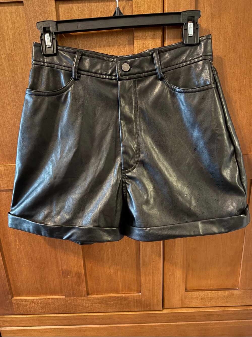 PrettyLittleThing Faux Leather Cuffed Shorts - US 6 Black High Waisted